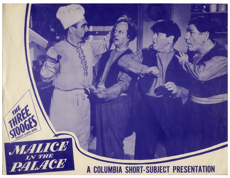 Lobby Cards for The Three Stooges Films Mummy's Dummies, Dunked in the Deep & Malice in the Palace With Famous Scene of Curly as Chef -- Light Creasing & Wear, Malice Trimmed to 12.5 x 9.75